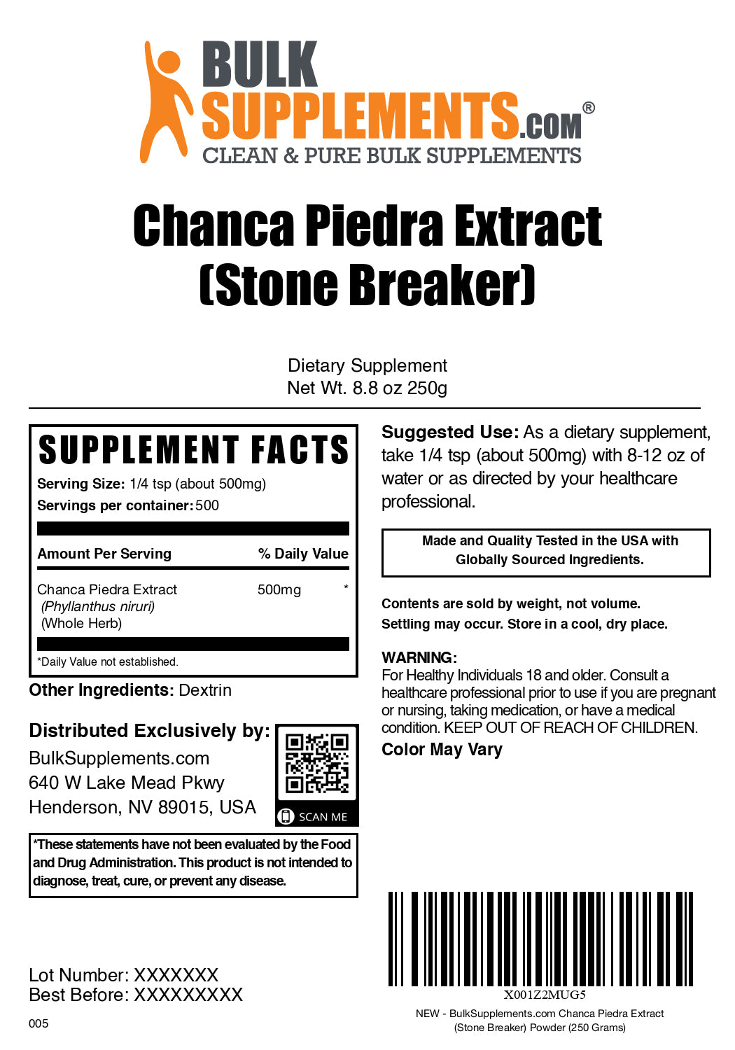 Chanca piedra extract powder label 250g