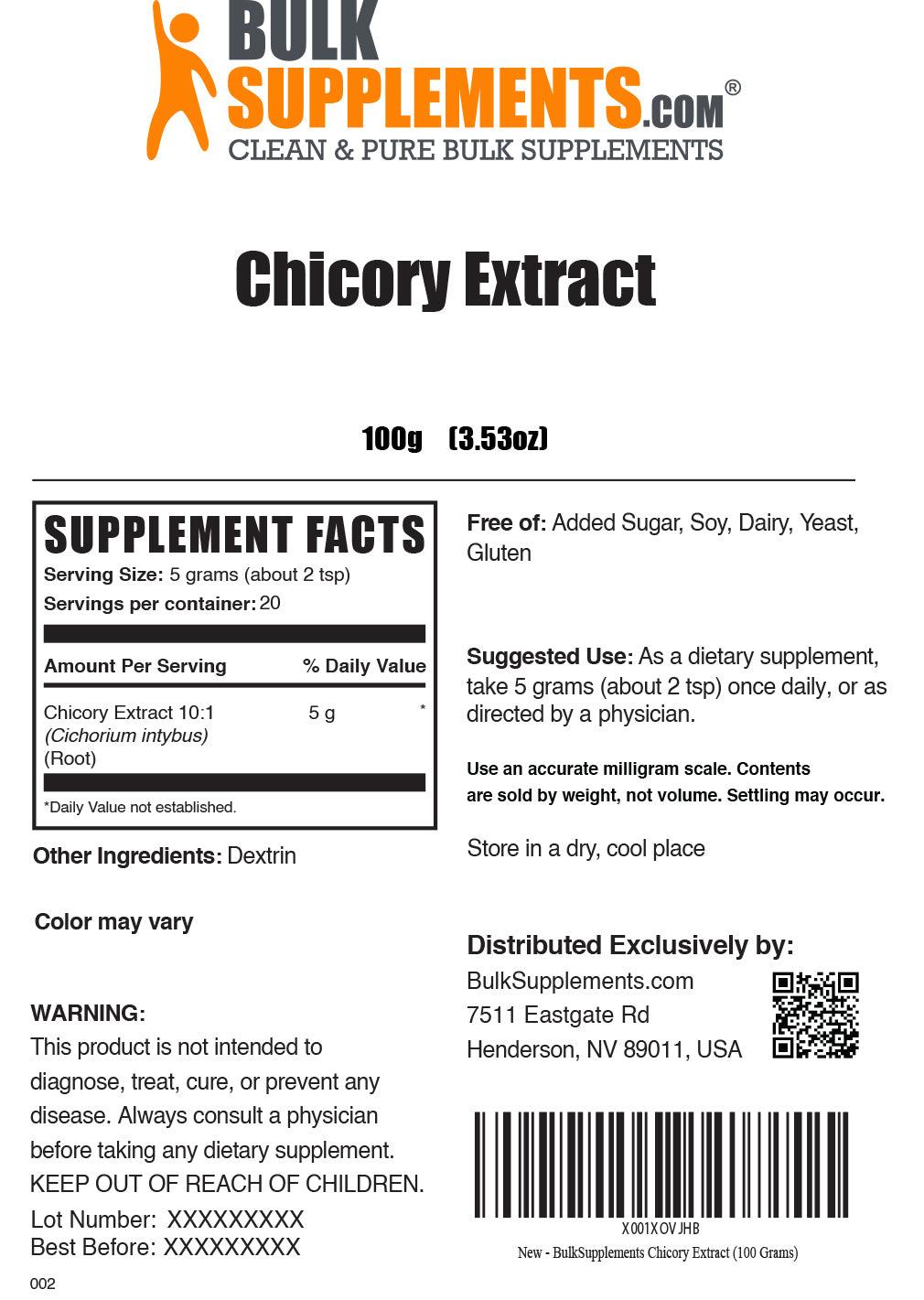 100g of chicory root supplement facts label