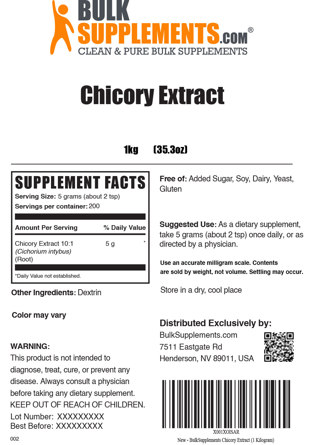 1kg of chicory root supplement facts label