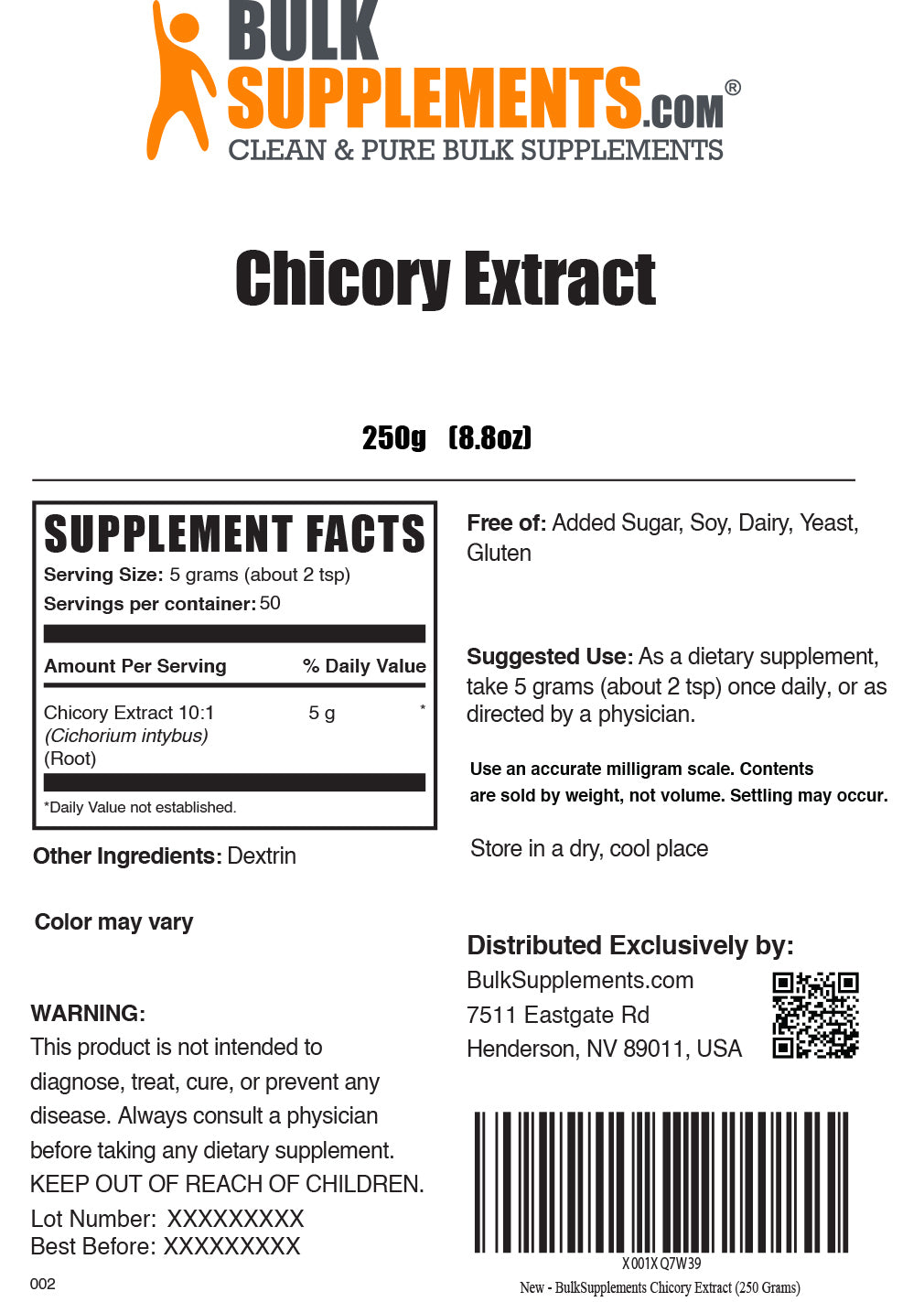 250g of chicory root supplement facts label
