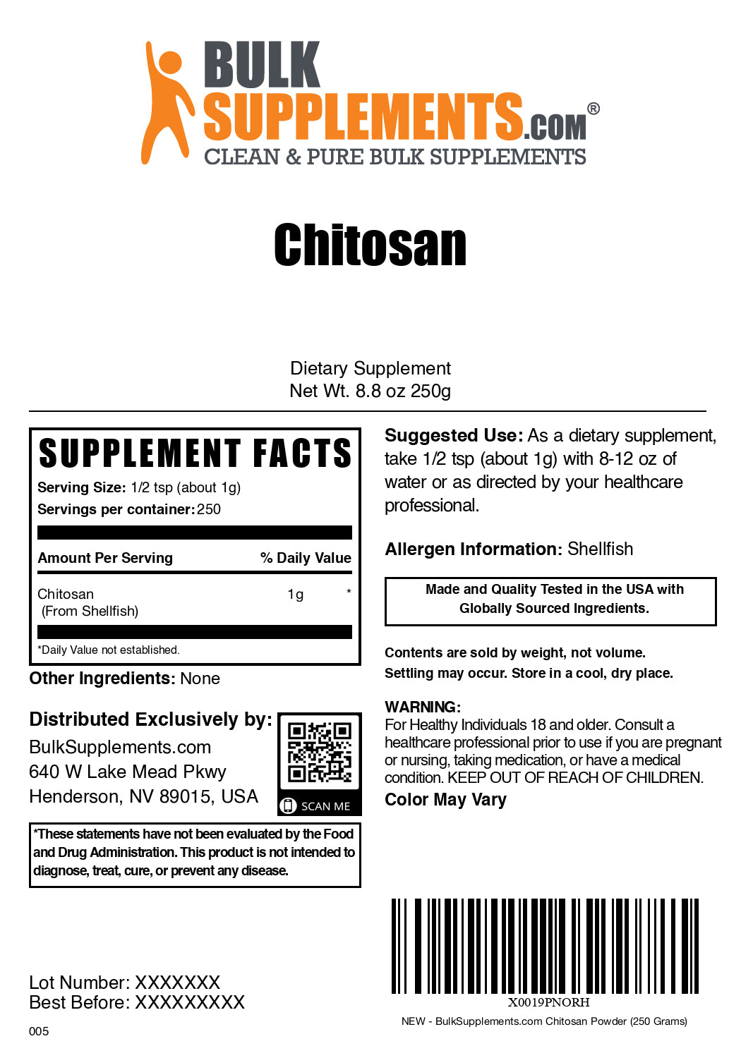 Chitosan powder label 250g