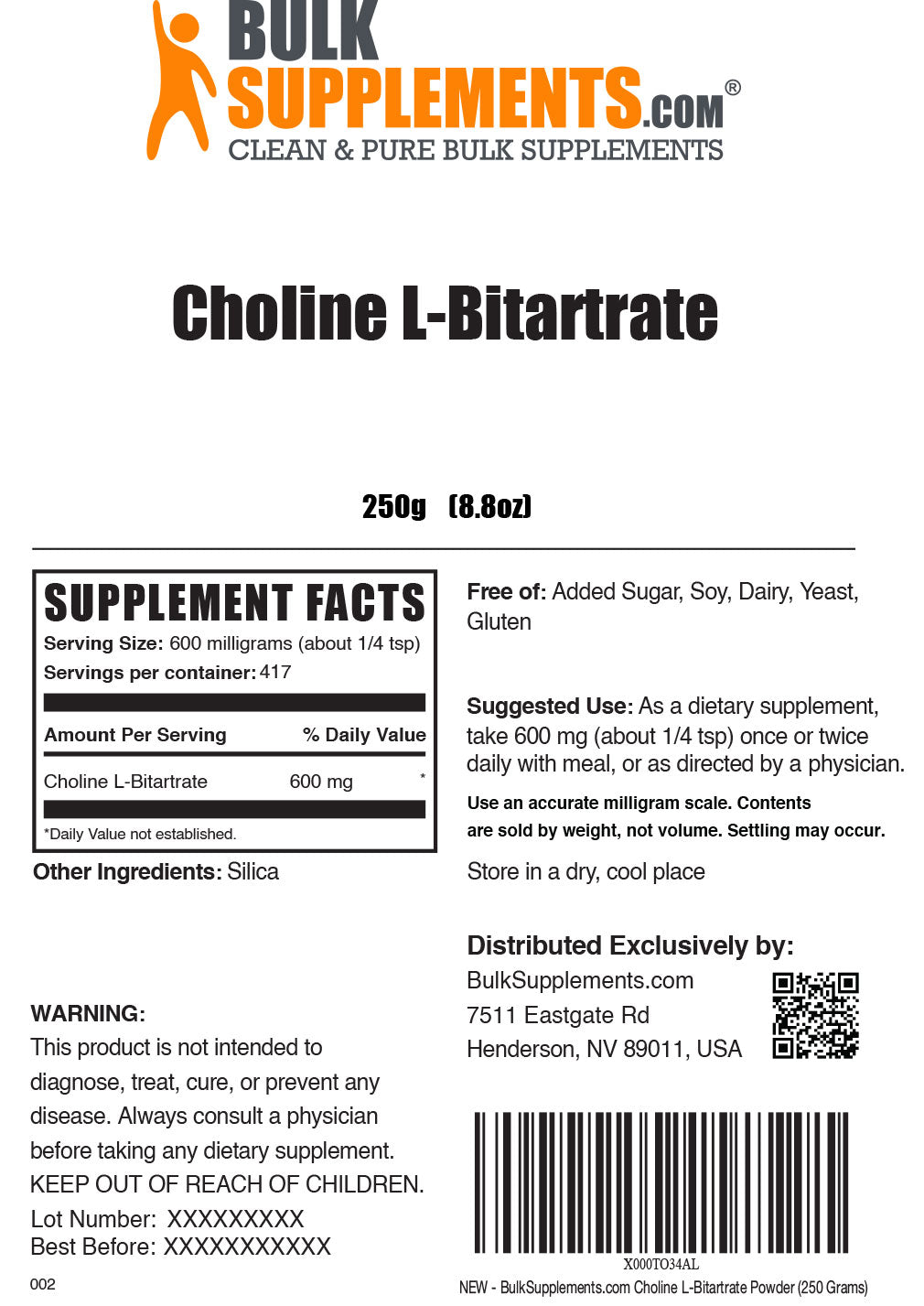 250g choline supplement facts label