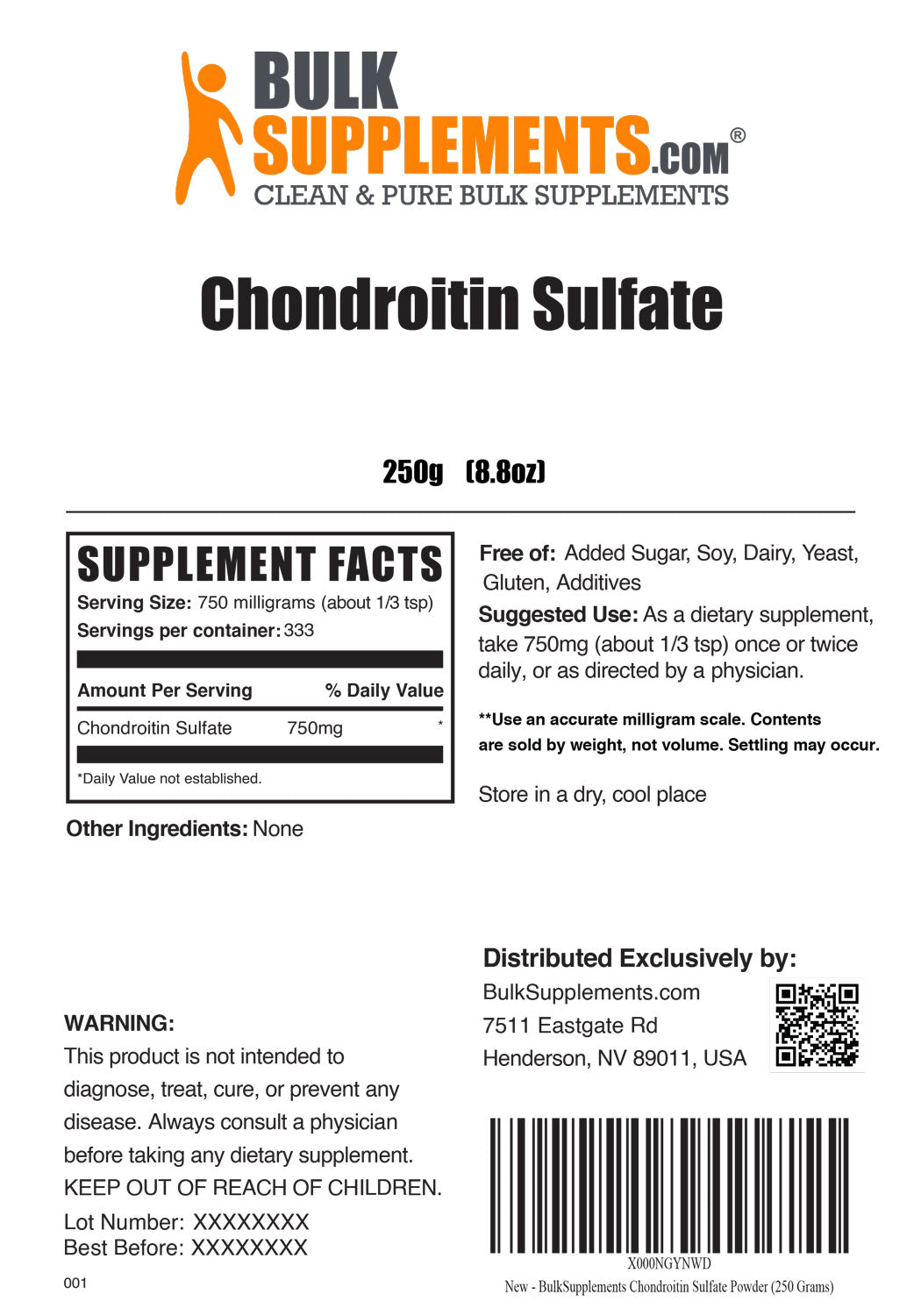 Supplement Facts Chondroitin Sulfate 250 grams 8.8 ounces