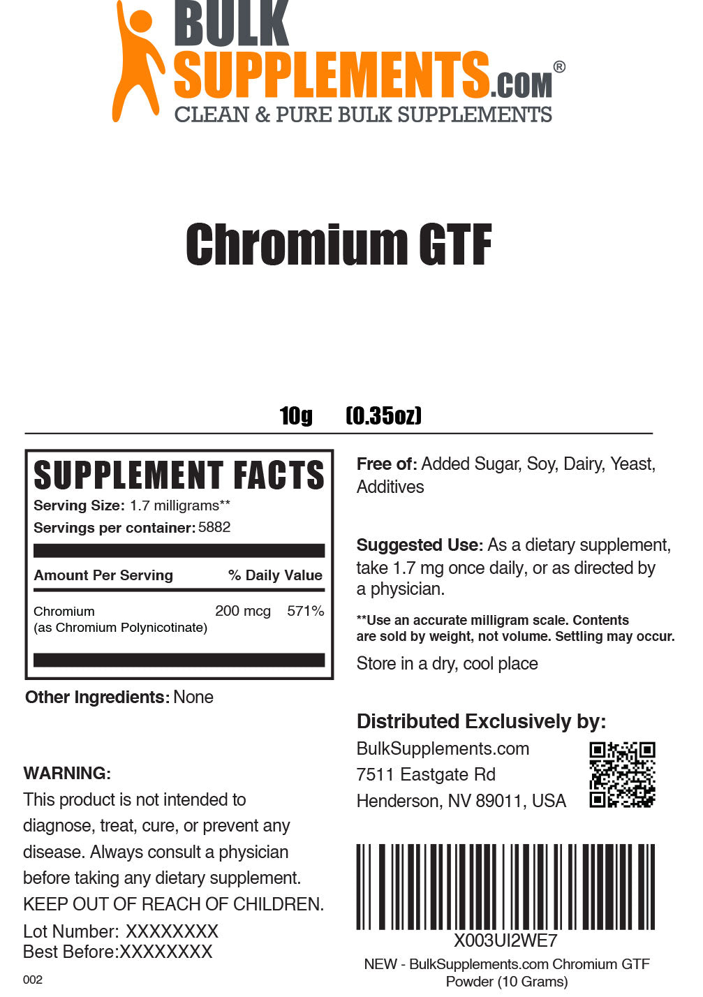 10g chromium GTF supplement facts label