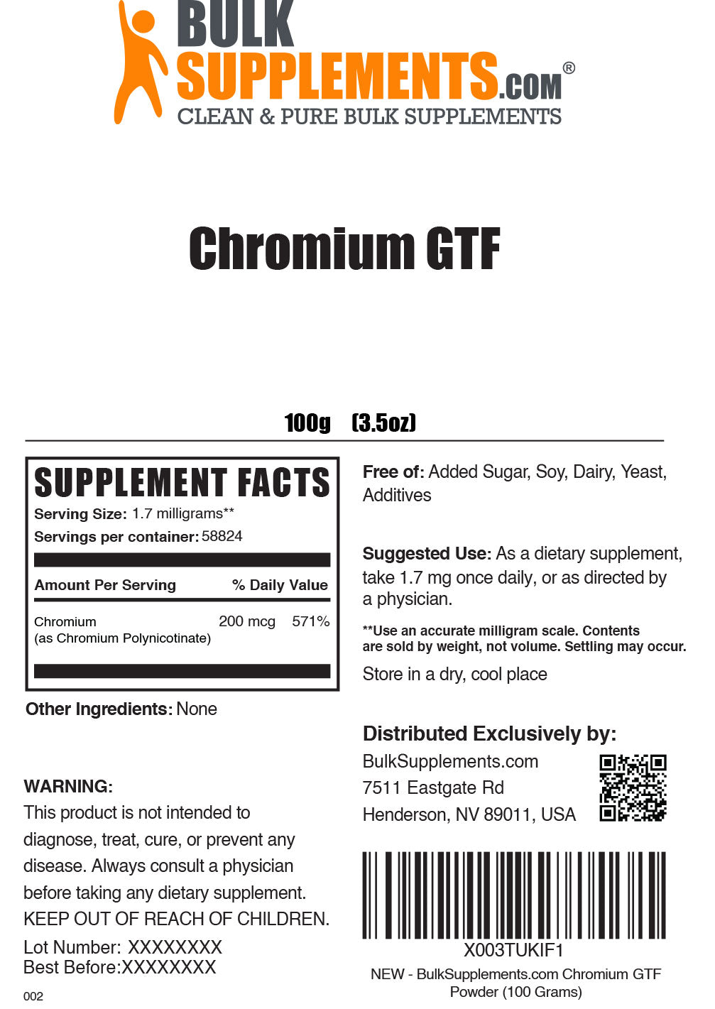 100g chromium GTF supplement facts label