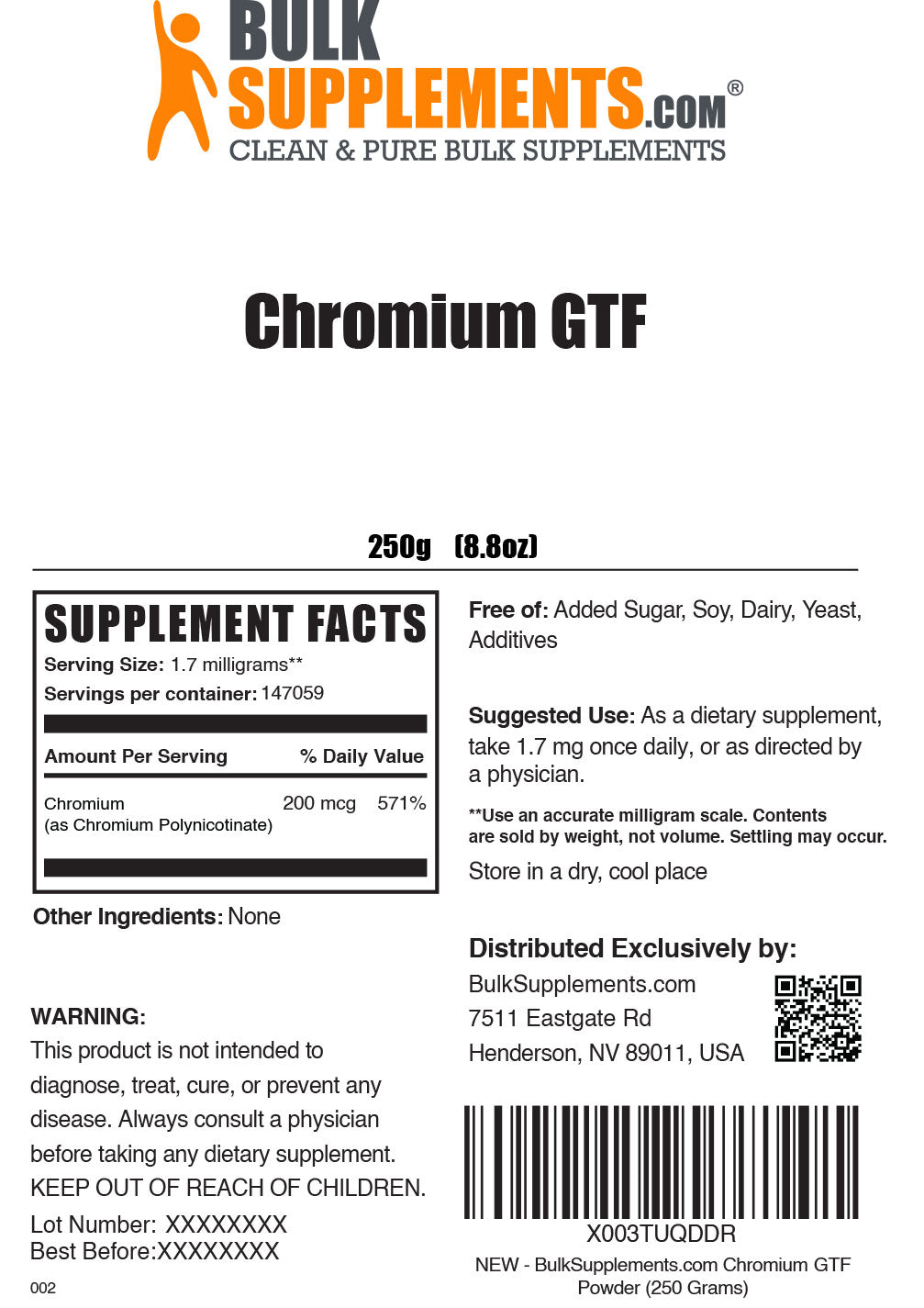 250g chromium GTF supplement facts label