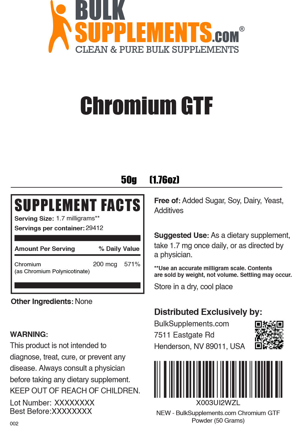 50g chromium GTF supplement facts label
