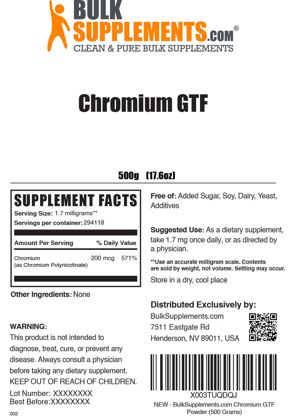 500g chromium GTF supplement facts label