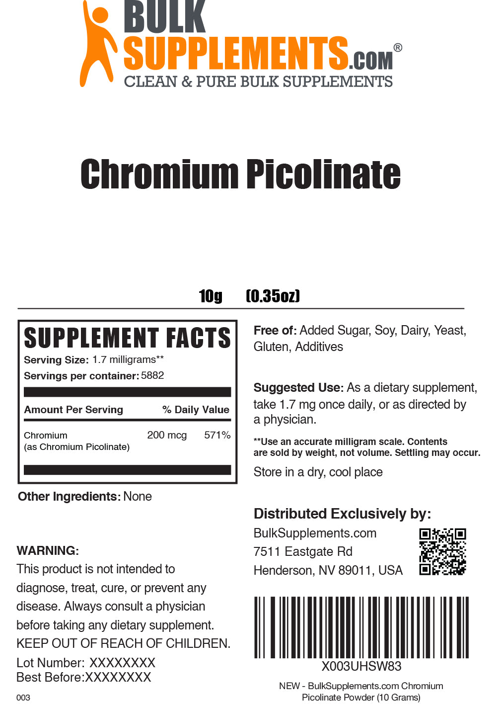 Supplement Facts Chromium Picolinate Powder 10g