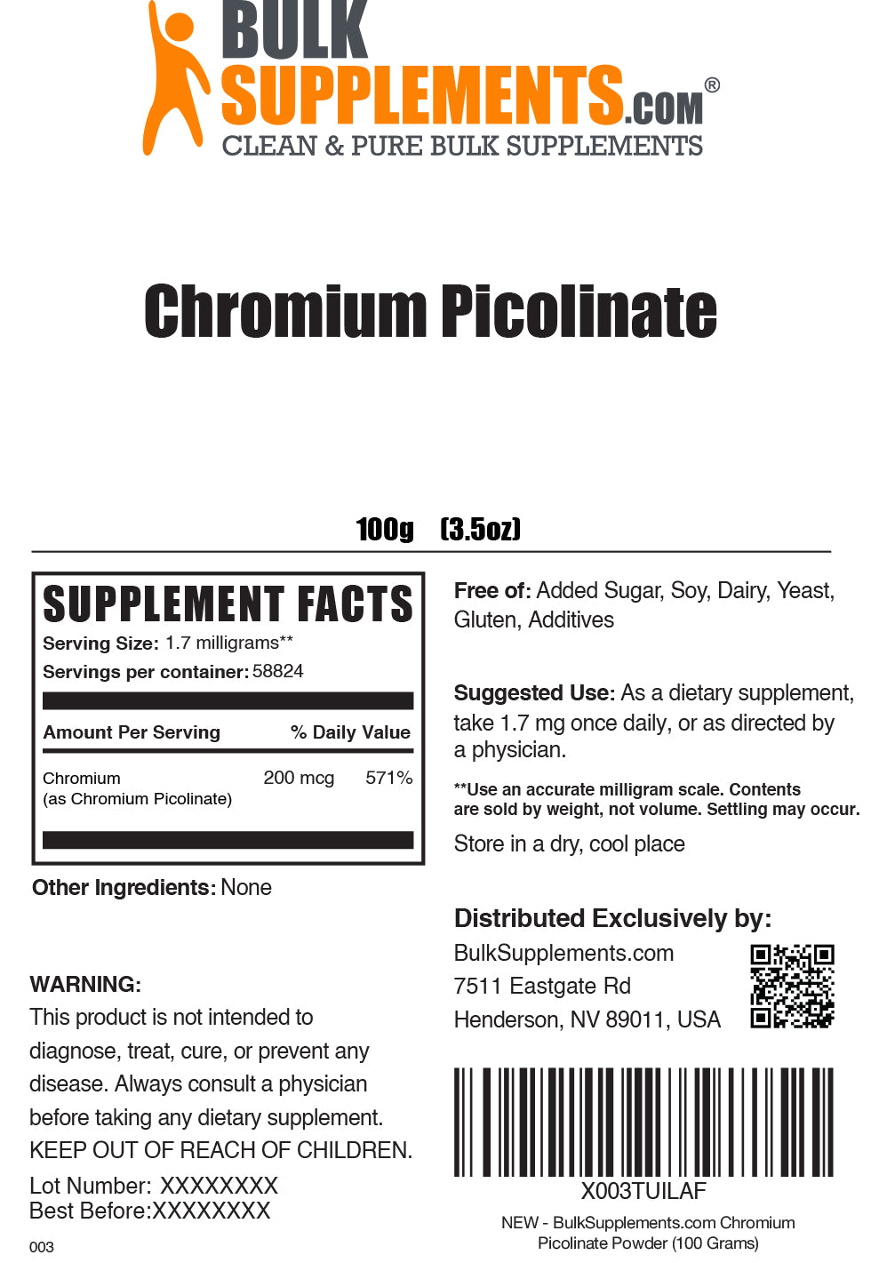 Supplement Facts Chromium Picolinate Powder 100g