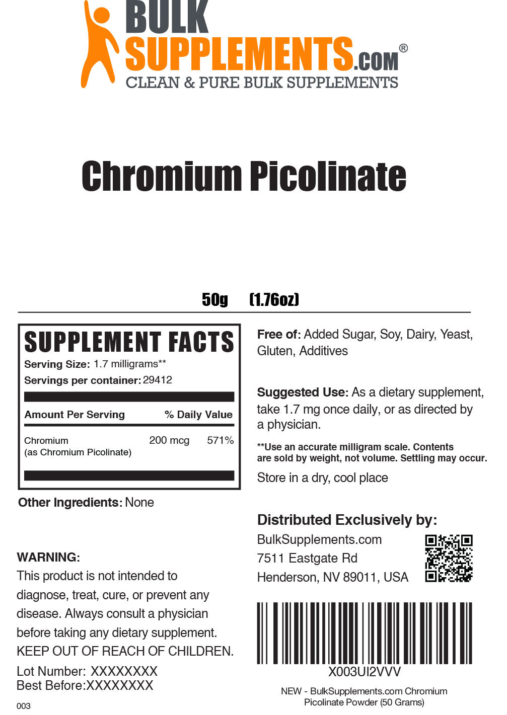 Supplement Facts Chromium Picolinate Powder 50g