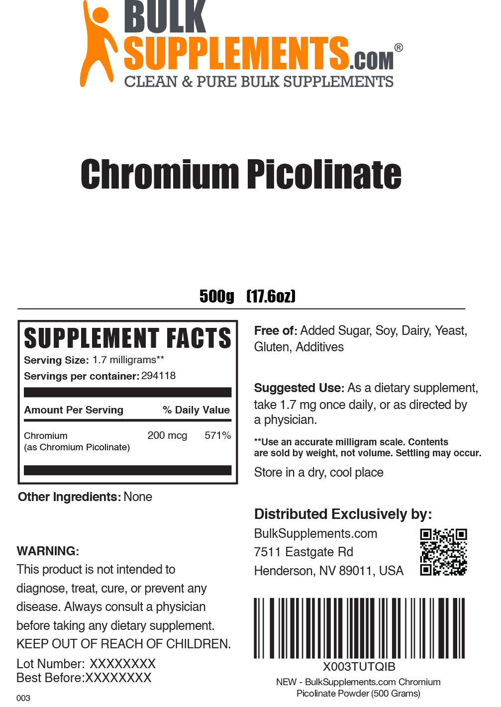 Supplement Facts Chromium Picolinate Powder 250g