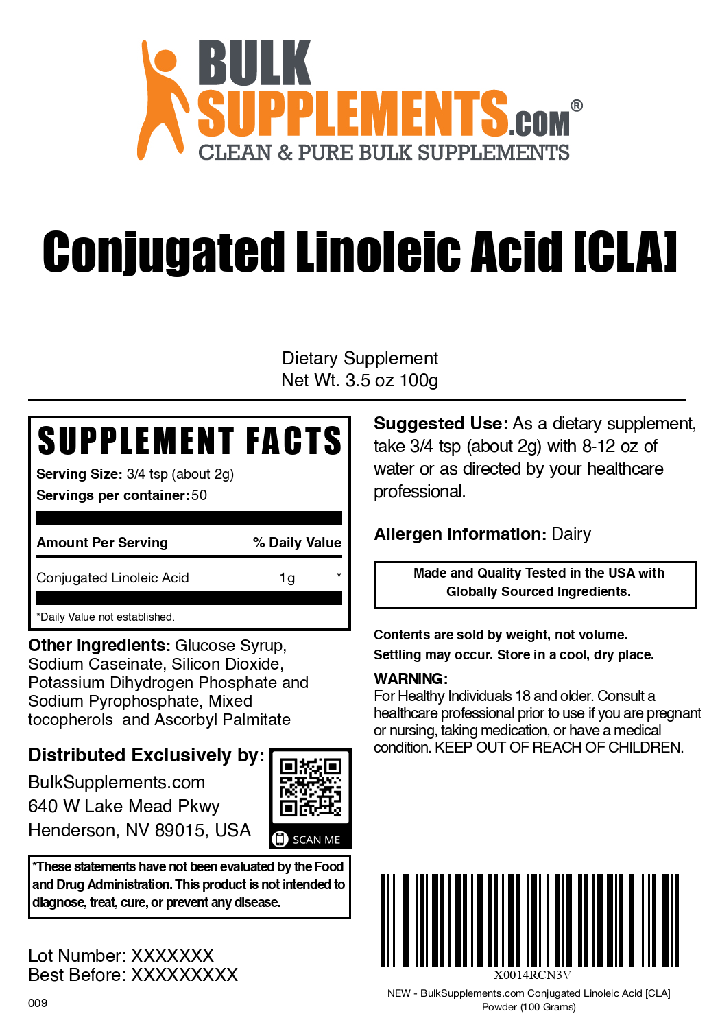 Conjugated Linoleic Acid (CLA) powder label 100g