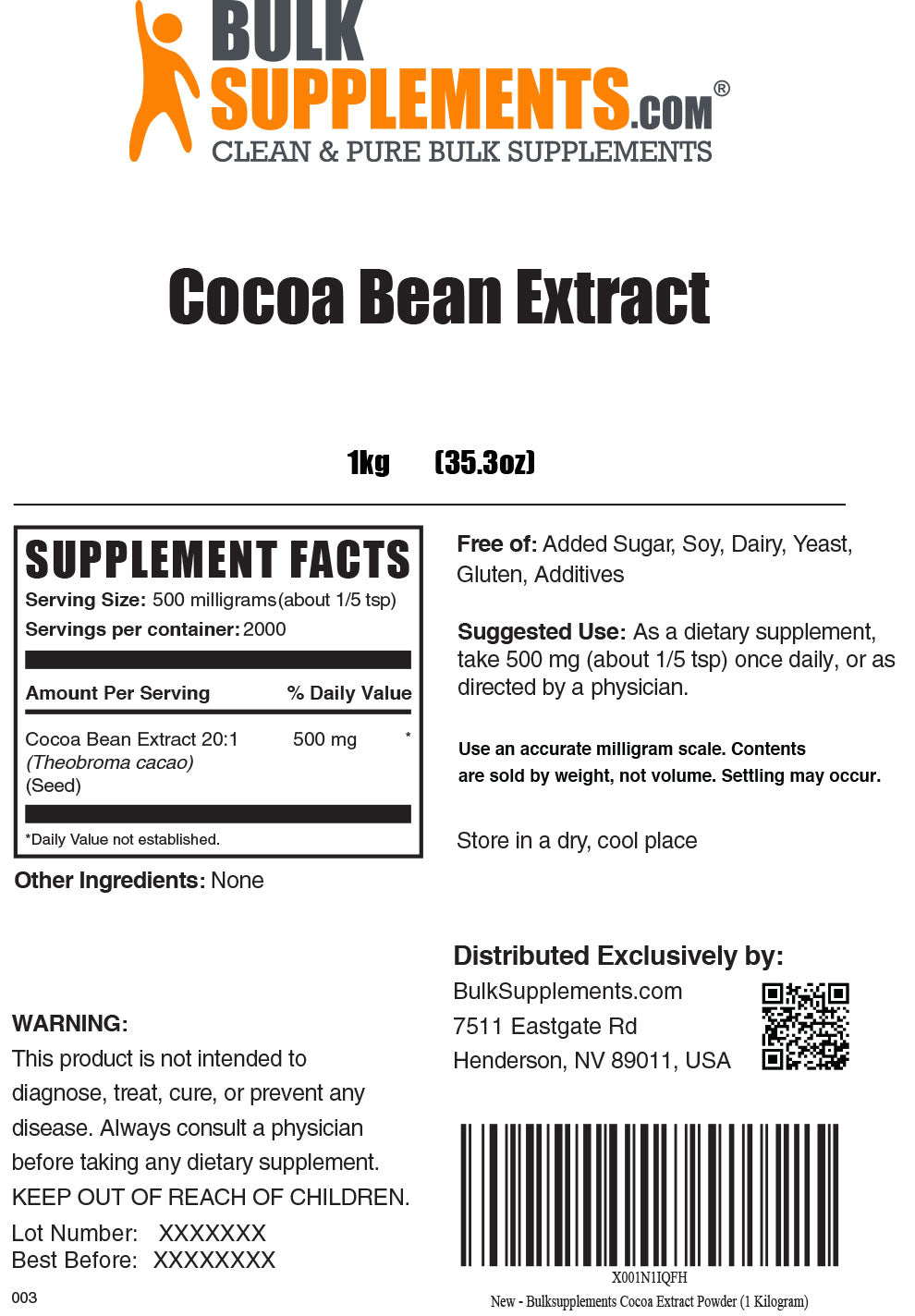 1kg Cocoa Bean supplement facts label
