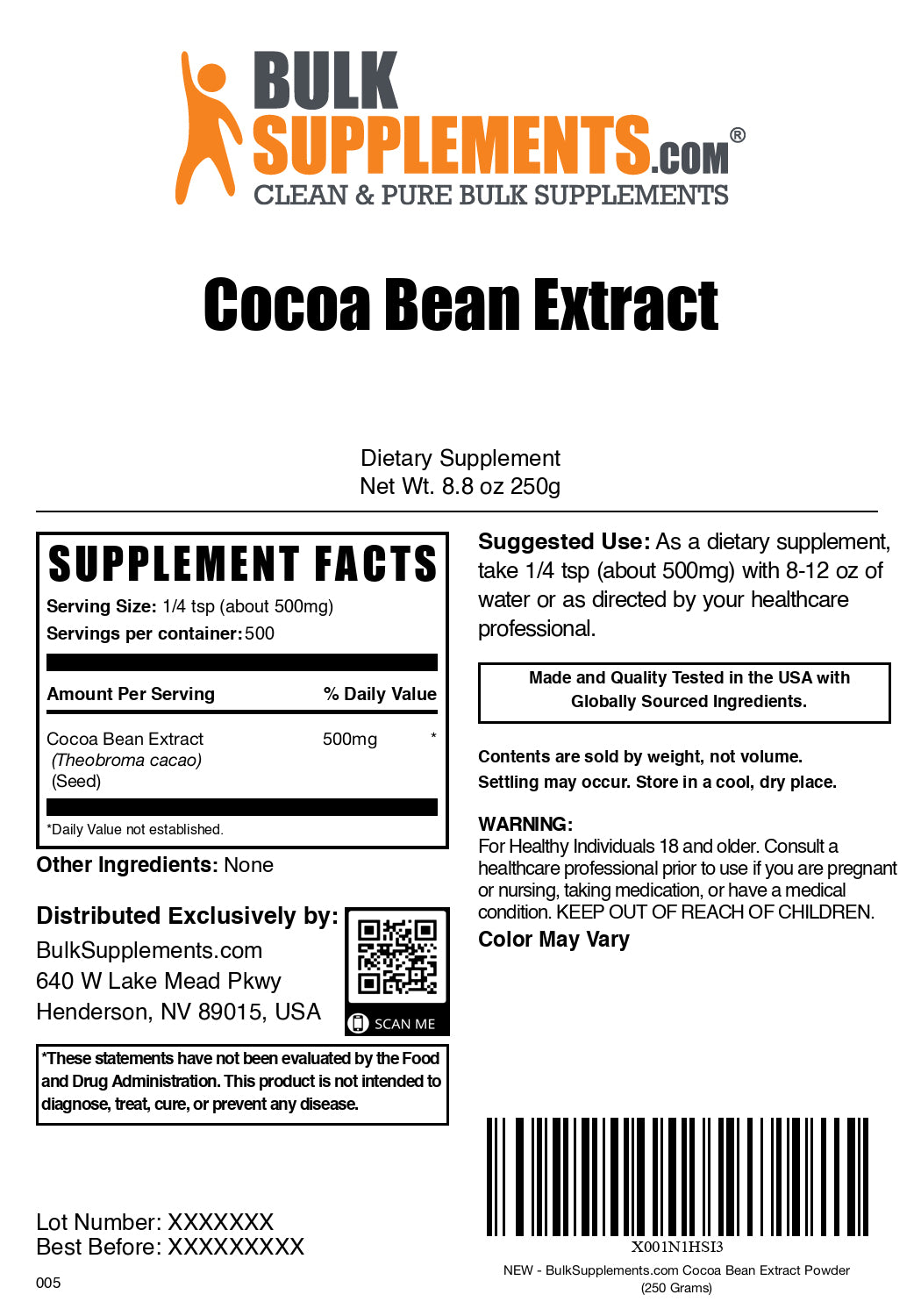 Cocoa bean extract powder label 250g
