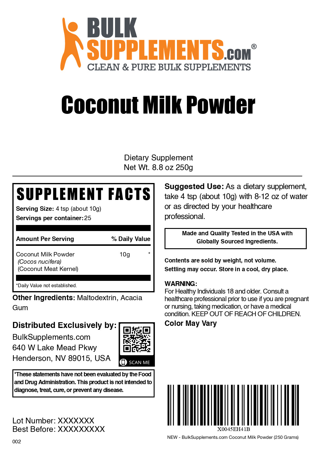 Coconut milk powder label 250g