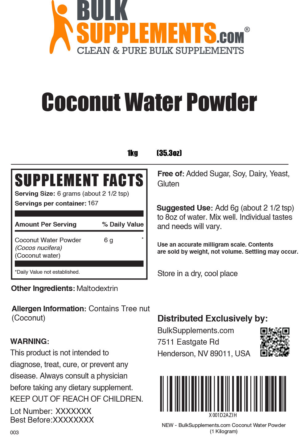 Supplement Facts Coconut Water Powder 1 kilogram 35.3 ounces