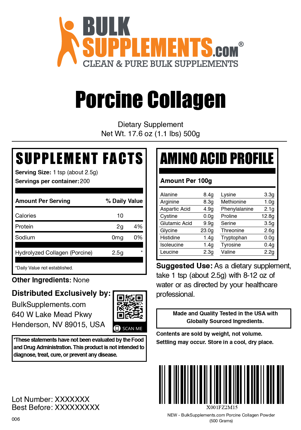 Hydrolyzed Collagen (Porcine) powder label 500g
