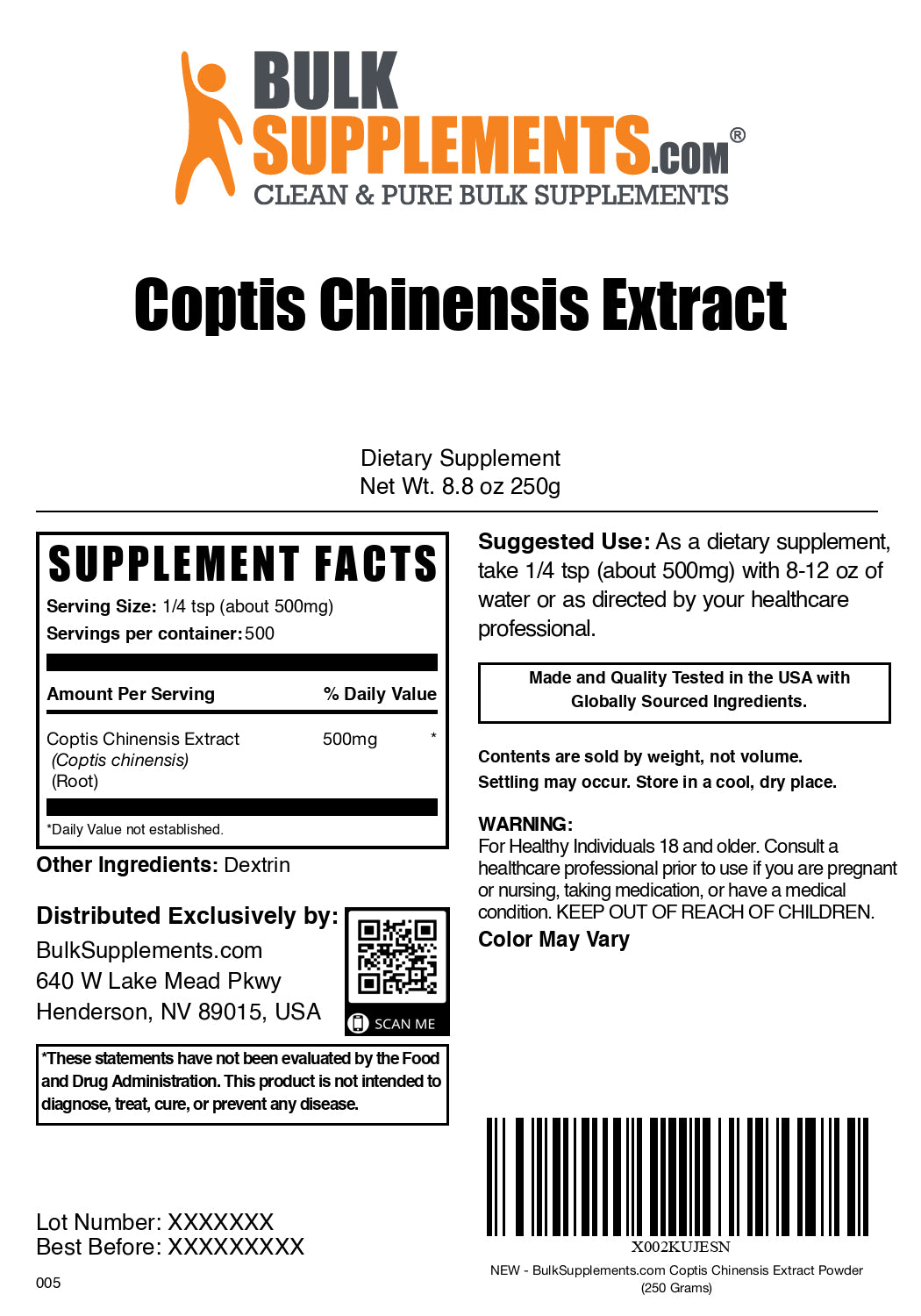 Coptis chinensis extract powder label 250g