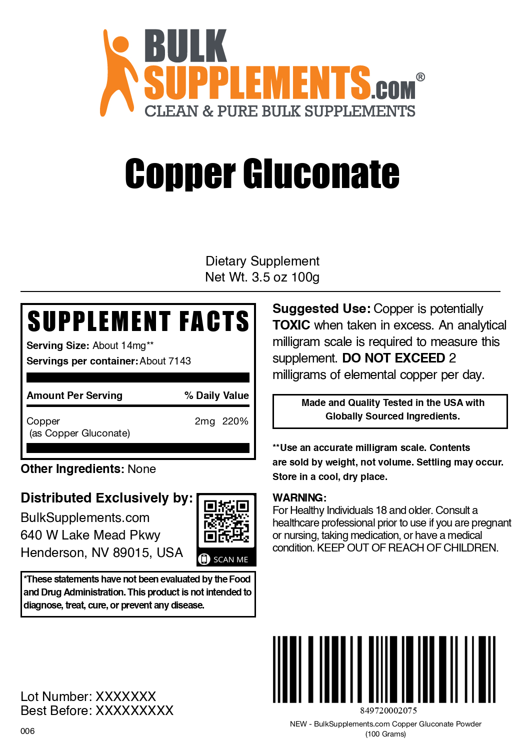 Copper Gluconate Powder 100g Plain Label