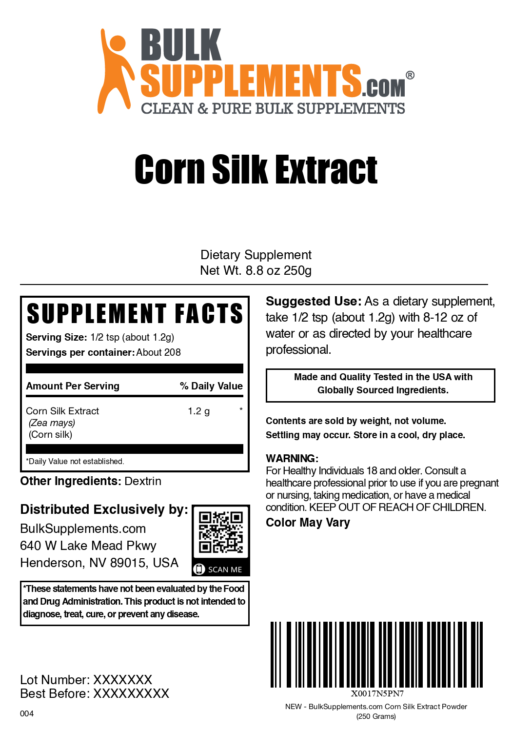Corn silk extract powder label 250g