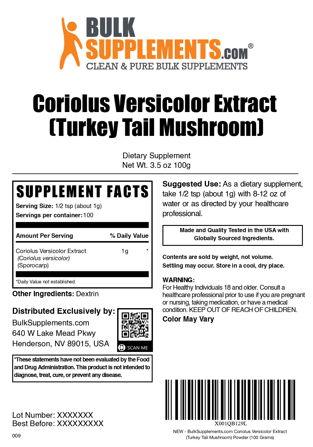 Turkey tail mushroom extract powder label 100g