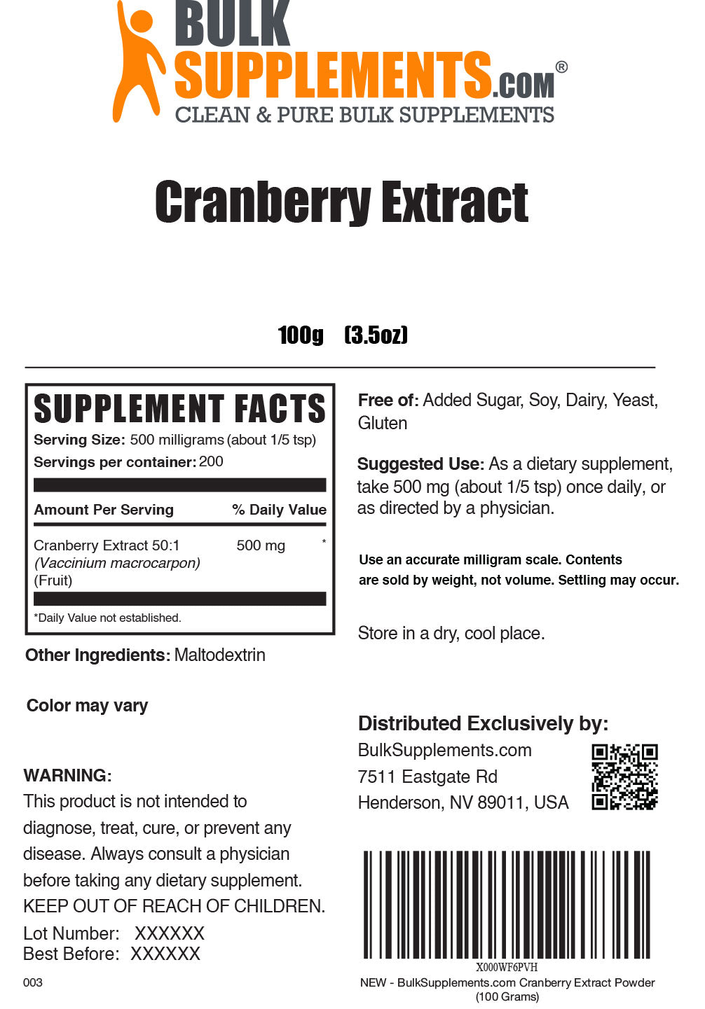 100g Cranberry Extract Supplement Facts