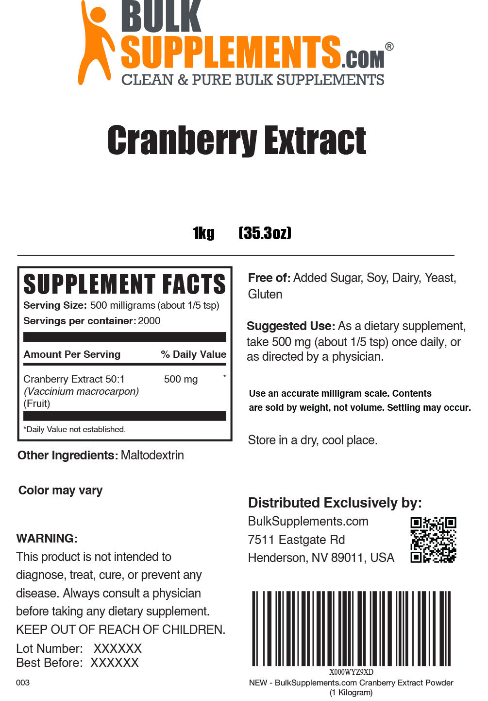 1kg Cranberry Extract Supplement Facts