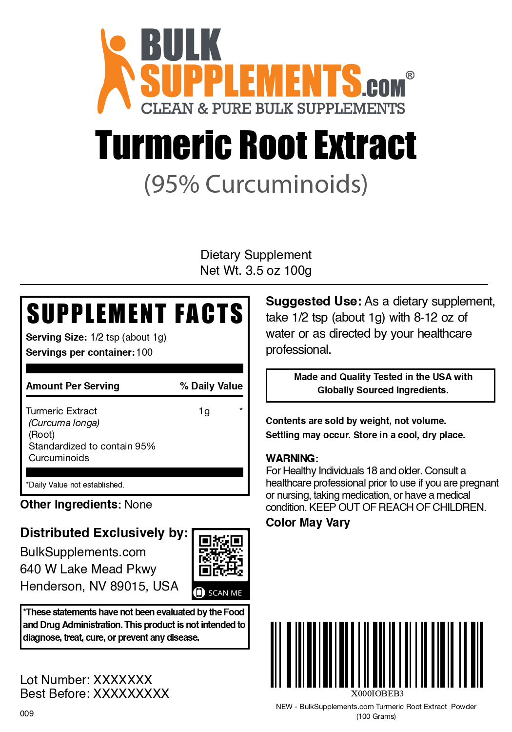 Turmeric Root Extract Powder Label 100g