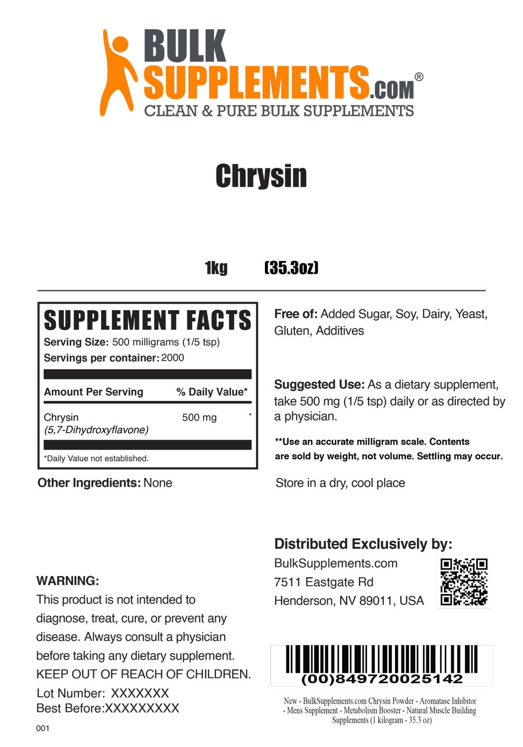 Supplement Facts Chrysin 1 Kilogram