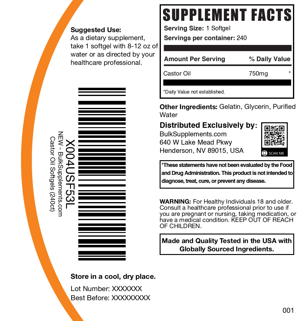Castor oil 240 softgels label