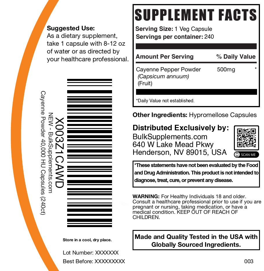 Cayenne pepper powder 40000HU 240 capsules label