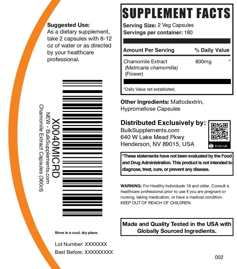 Chamomile extract 360 capsules label