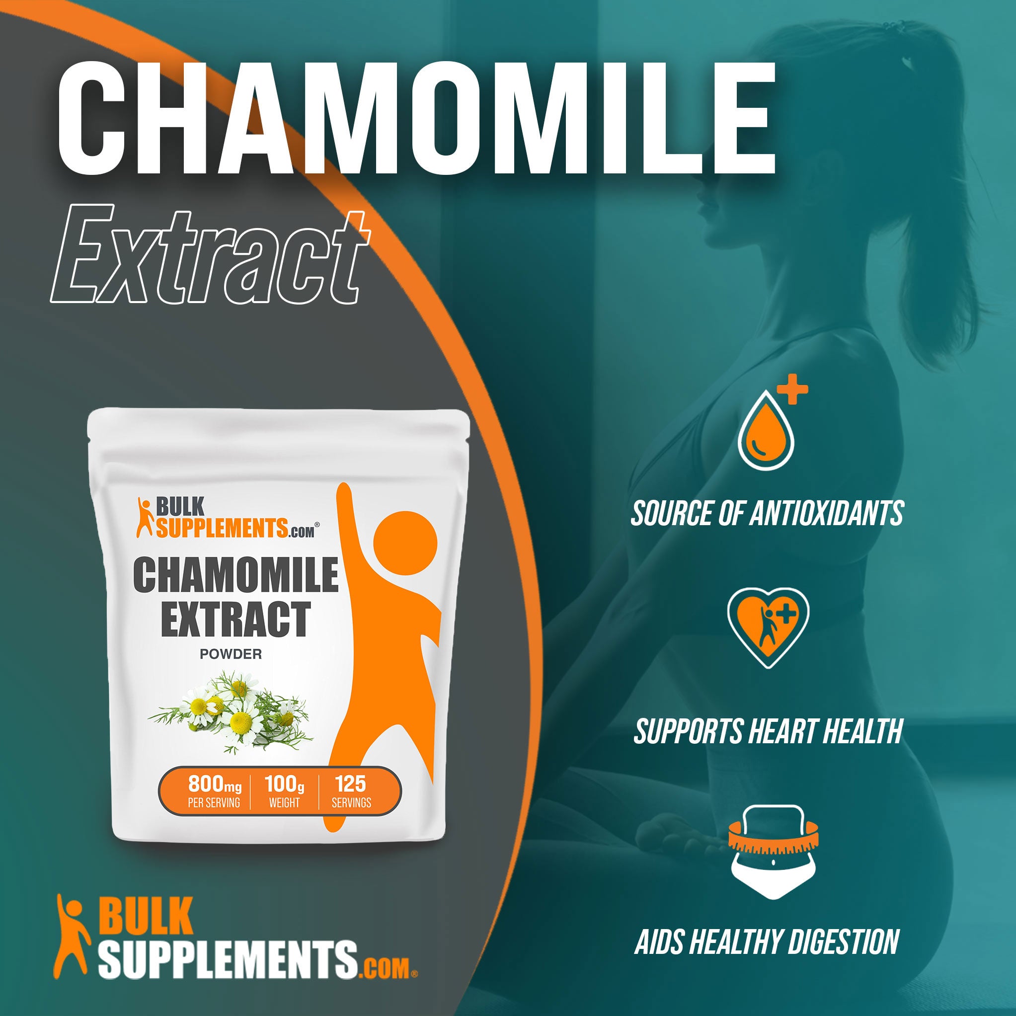 Benefits of our 100g Chamomile Extract herbal supplements; source of antioxidants, supports heart health, aids healthy digestion