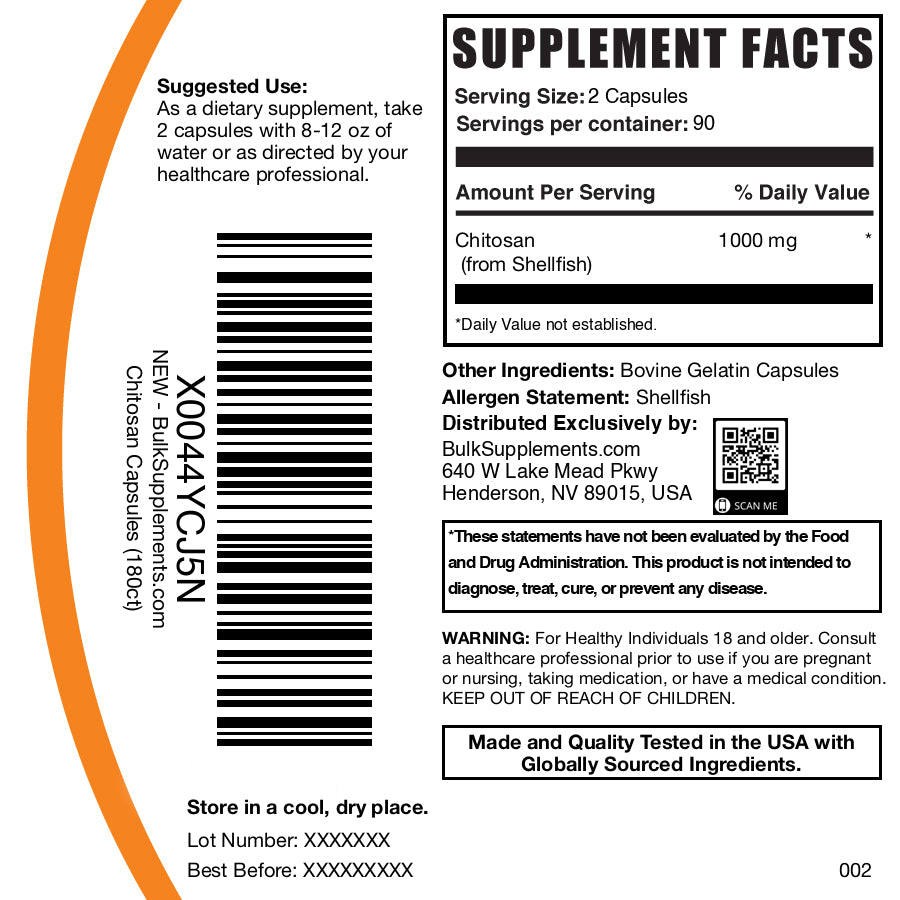 Chitosan 180 capsules label