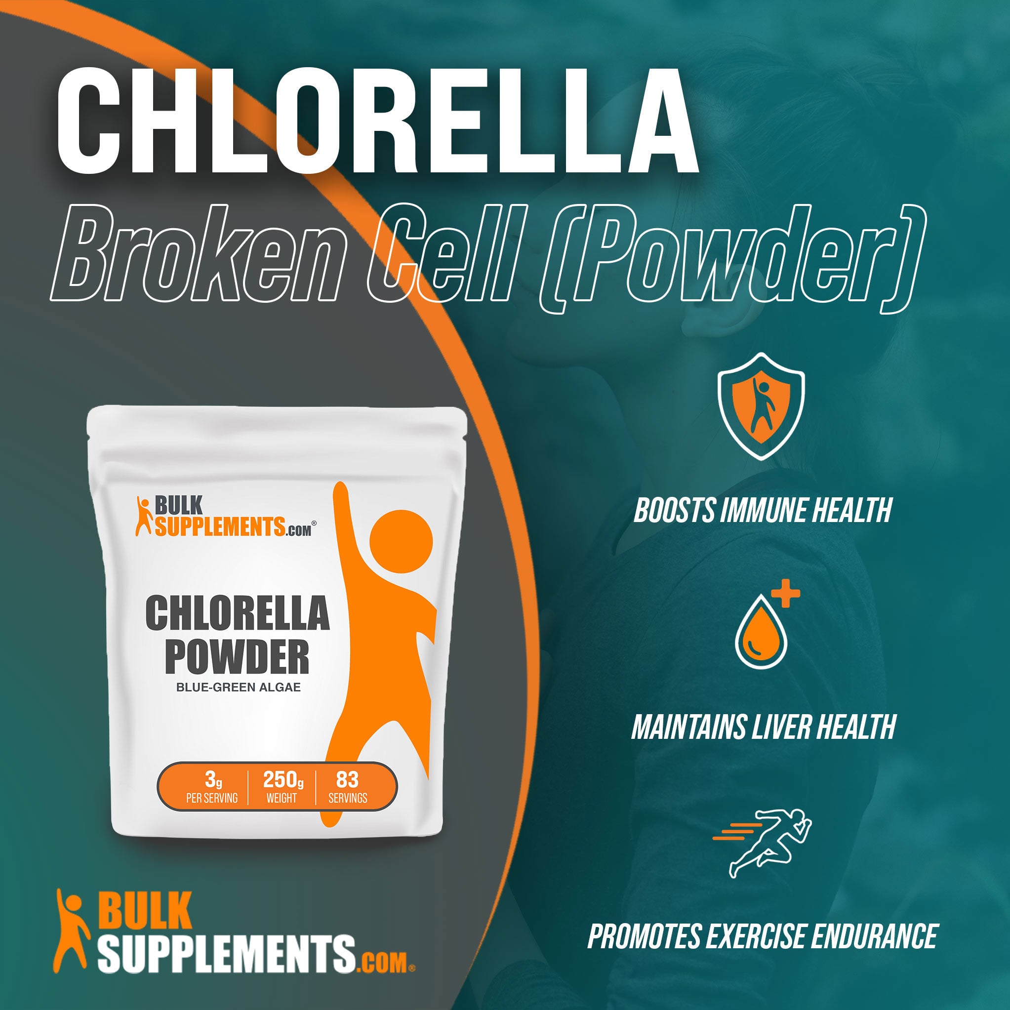Benefits of 250g Chlorella greens superfood powder;; boosts immune health, maintains liver health, promotes exercise endurance