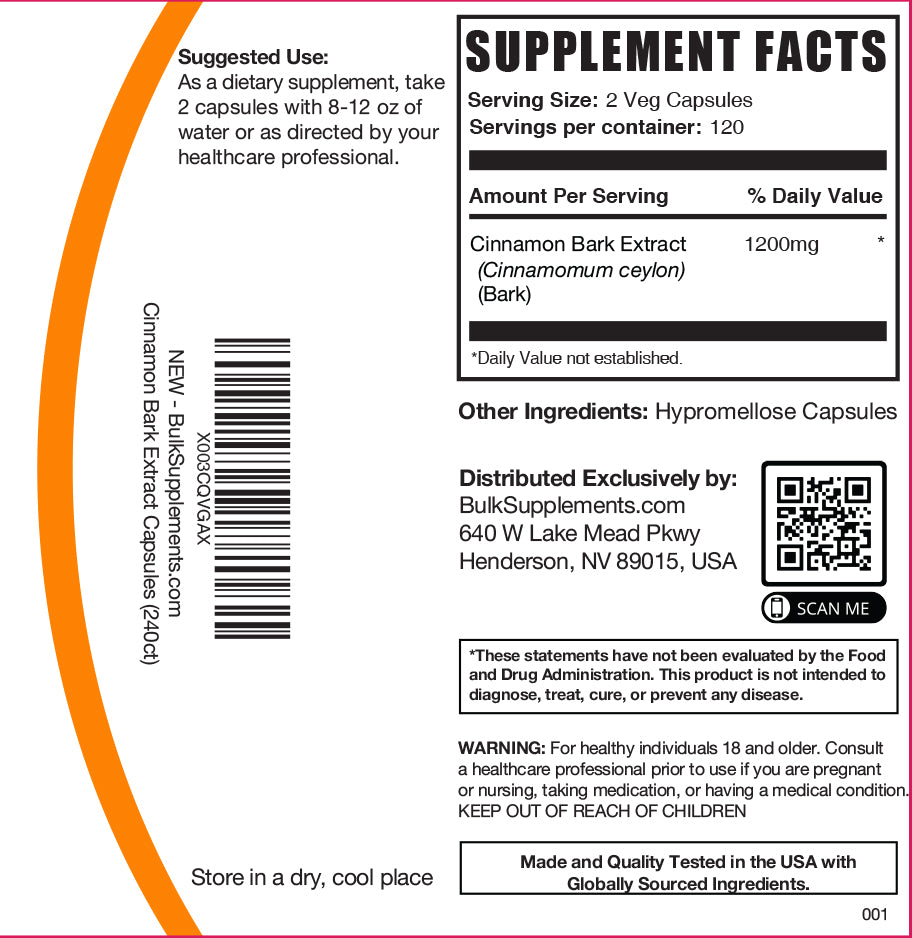 Cinnamon bark extract 240 capsules label