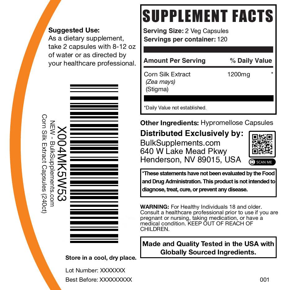 Corn silk extract 240 capsules label