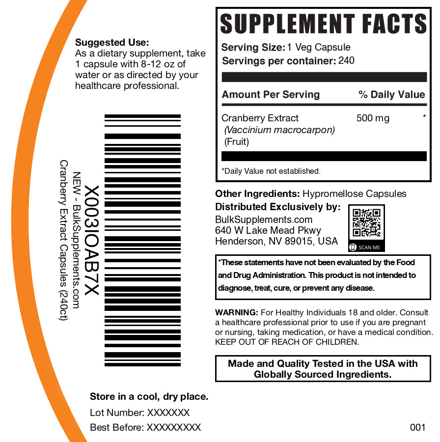 Cranberry extract 240 capsules label