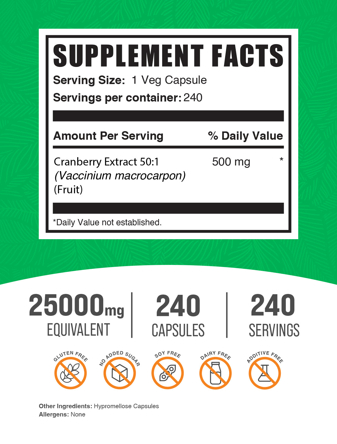 Cranberry extract capsule label 240 ct