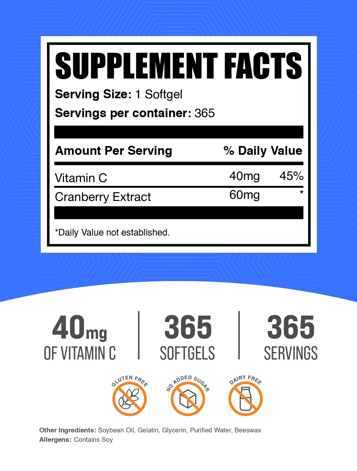Cranberry Vitamin C 365ct Softgels Label