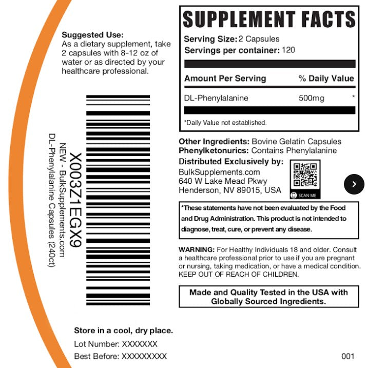 DL-Phenylalanine Capsules 240ct Bag Label