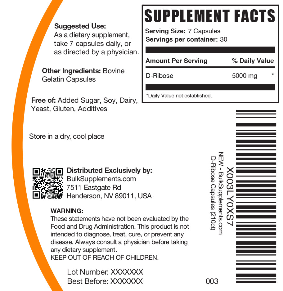D-Ribose Capsules 210 ct label