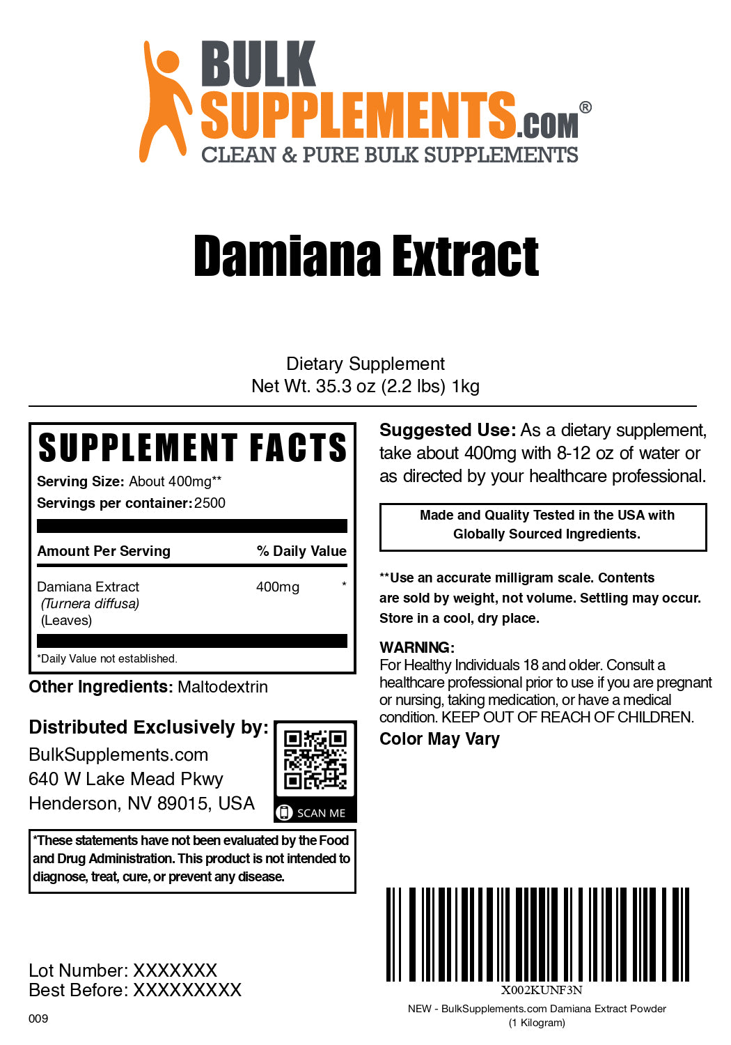 Damiana extract powder label 1kg