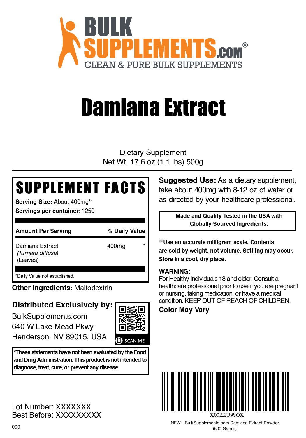 Damiana extract powder label 500g