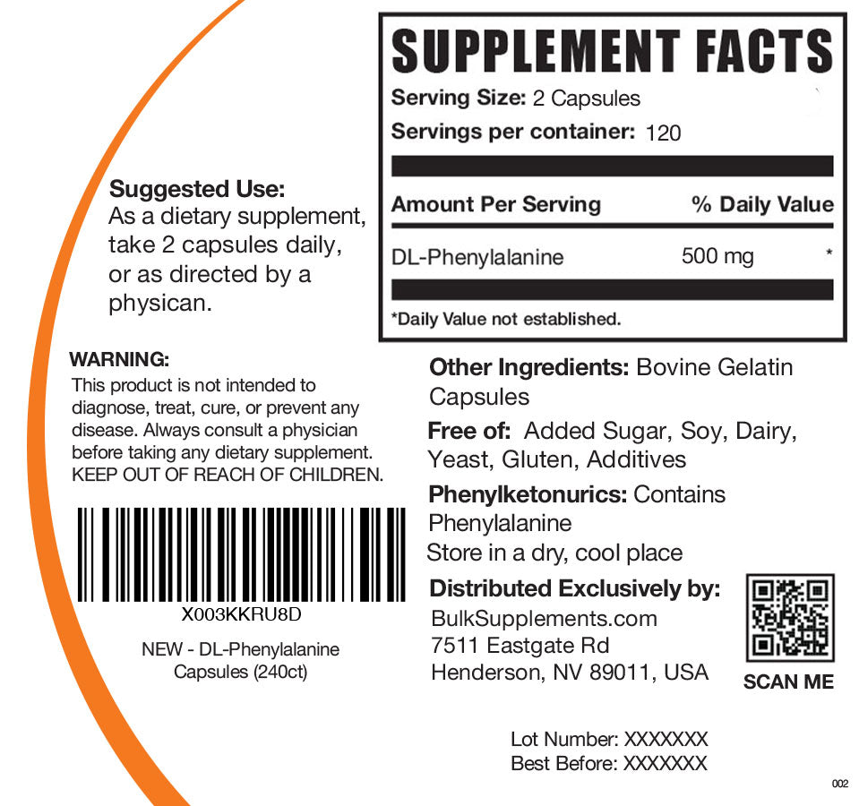 DL-Phenylalanine capsule label 240 ct
