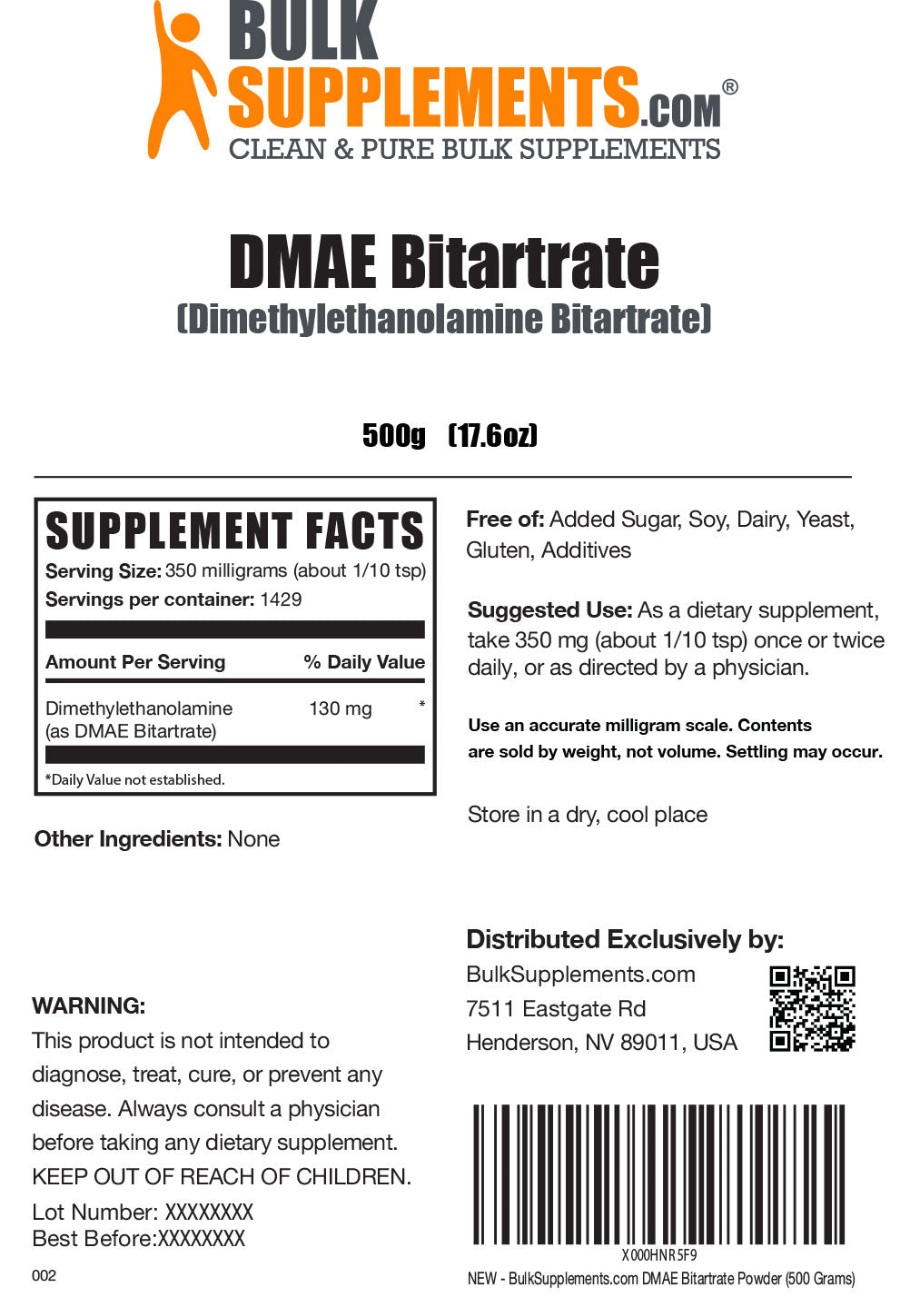 Supplement Facts DMAE Bitartrate