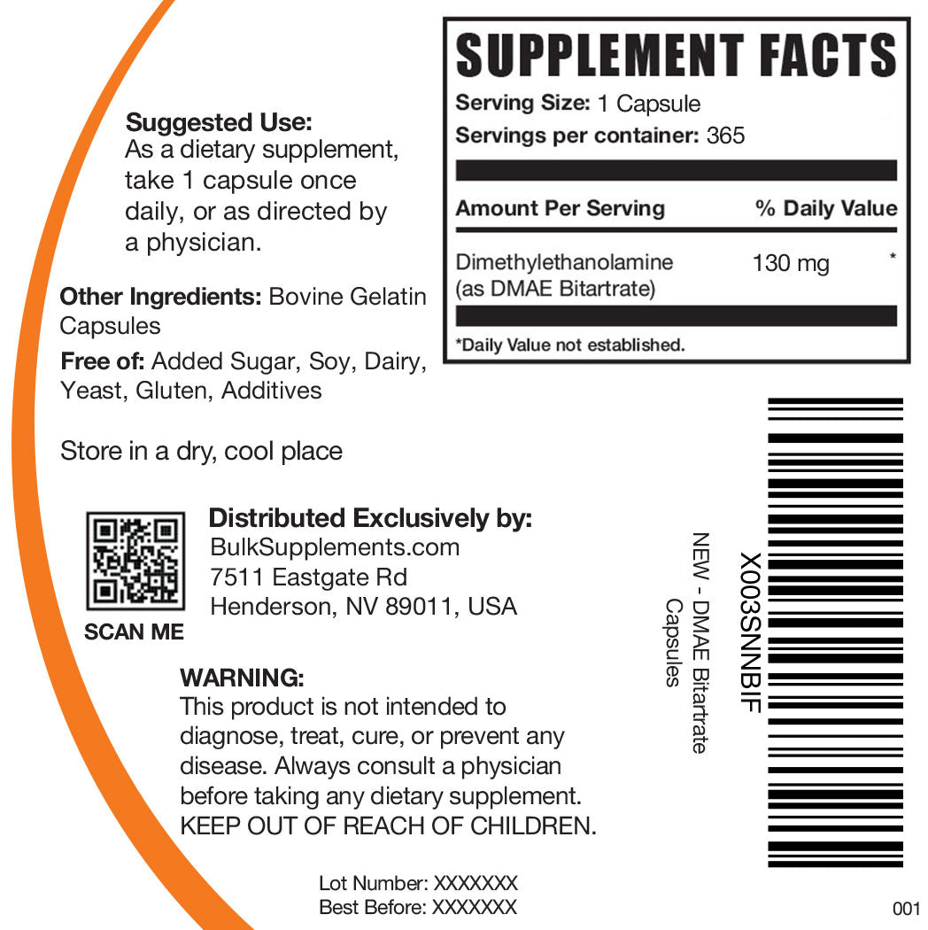 BulkSupplements DMAE Bitartrate Capsules 130mg 365ct Supplement Facts