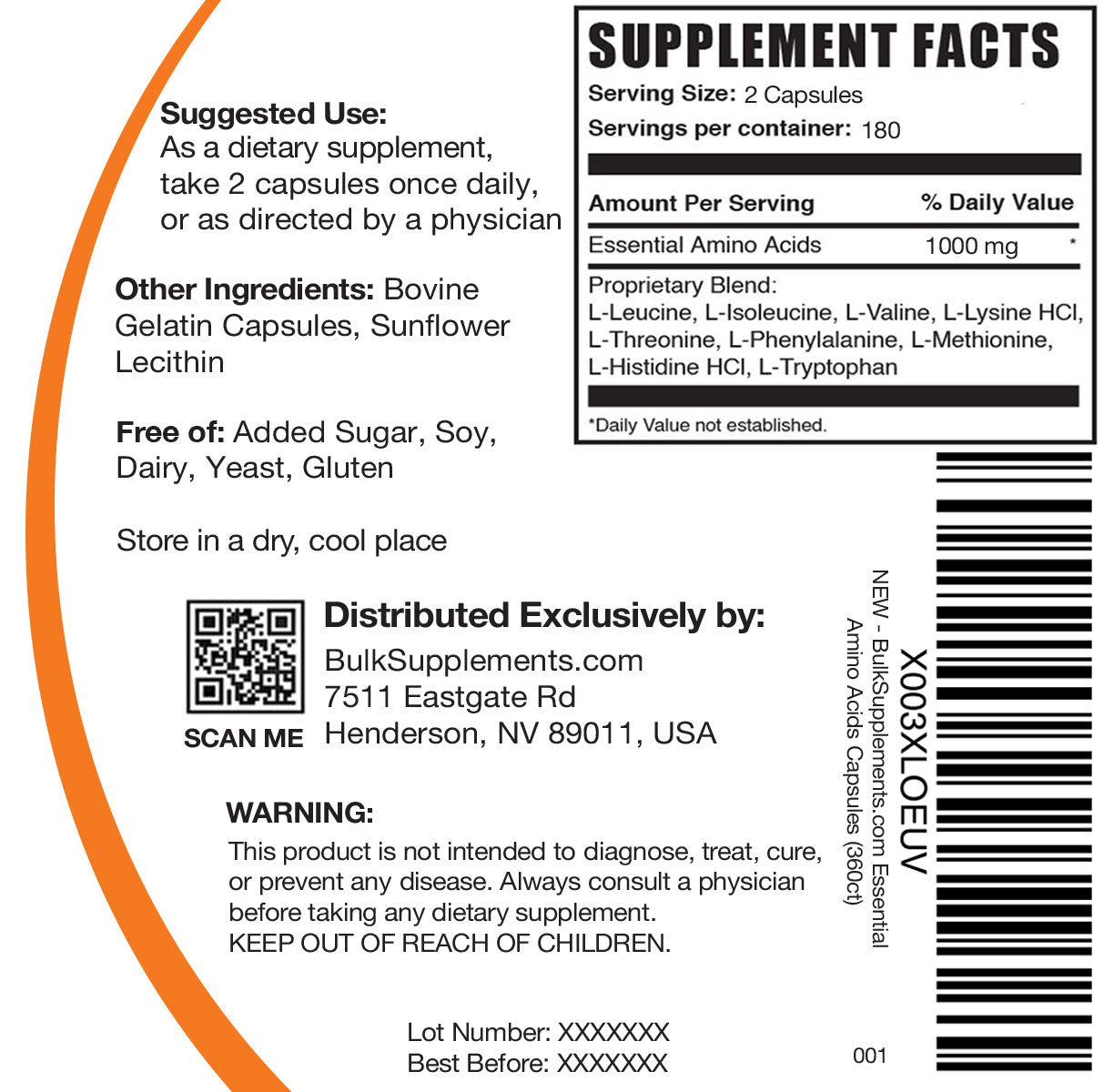 Essential Amino Acids 365 ct capsules label