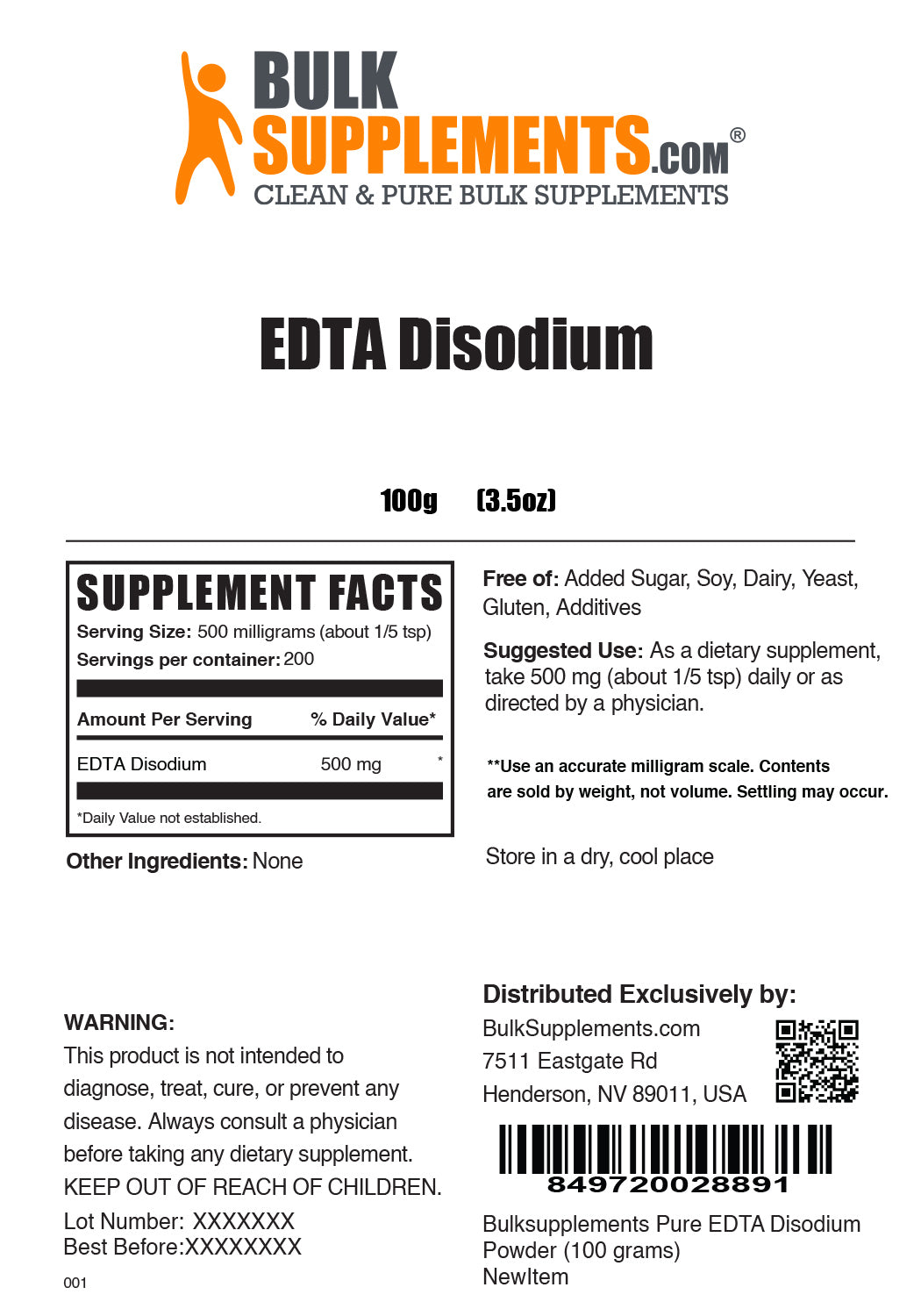 Supplement Facts EDTA Disodium Powder